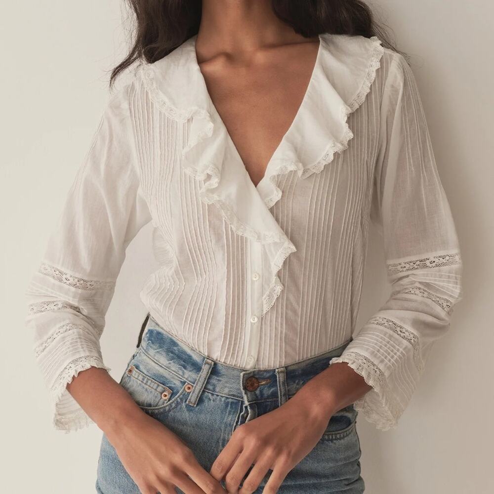 Doen Huguette Cotton Voile V Neck Ruffle Lace Long Sleeve Blouse Top Salt